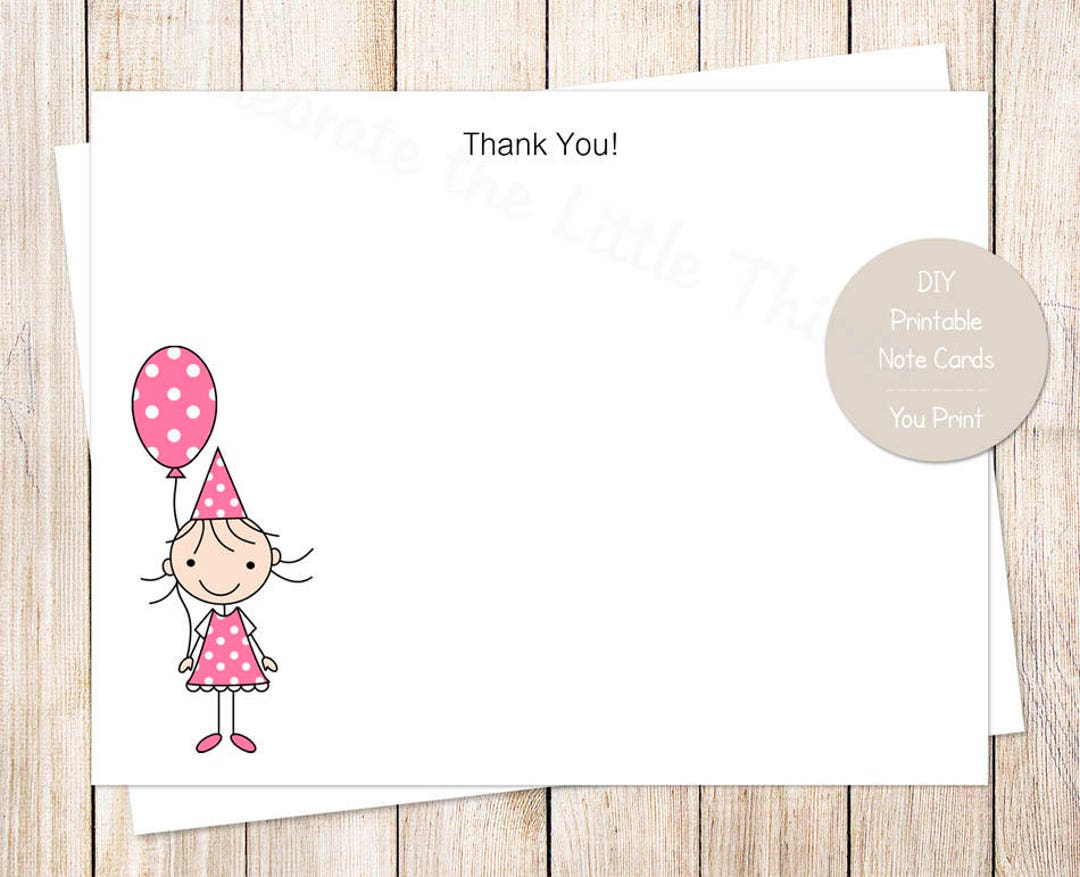 Printable Birthday Thank You Cards: Pink Girl, Balloon (instant ...