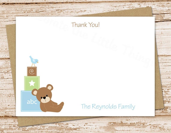 baby boy thank you cards . teddy bear blocks . personalized note cards, notecards, FLAT stationery, baby shower . set of 12 Il_570xn