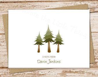 personalized tree note cards . pine tree notecards . folded personalized stationery . evergreen trees . camping forest woodlands . set of 10