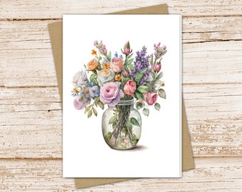 watercolor mixed floral card set .  vintage farmhouse flowers . mason jar . note cards notecards . botanical . blank cards . stationery