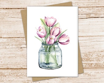 country tulip vase card set . watercolor lavender tulips . mason jar note cards .  farmhouse blank cards notecards . folded stationery set