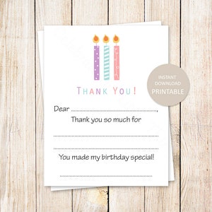 Geburtstagskerzen Dankeschön Karten für Mädchen zum Ausdrucken kinder geburtstag füllen sie die blank. alles Gute zum Geburtstag Notizen | SOFORTIGER DOWNLOAD