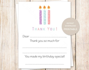 PRINTABLE birthday candles thank you cards for girls . kids birthday fill in the blank . happy birthday notes | INSTANT DOWNLOAD
