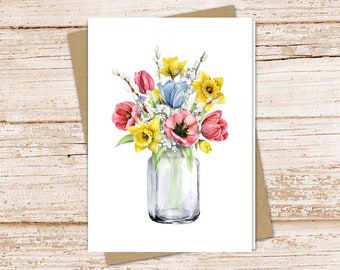 spring flowers card set .  watercolor daffodil tulips . mason jar . note cards . flowers floral botanical . blank cards . folded stationery