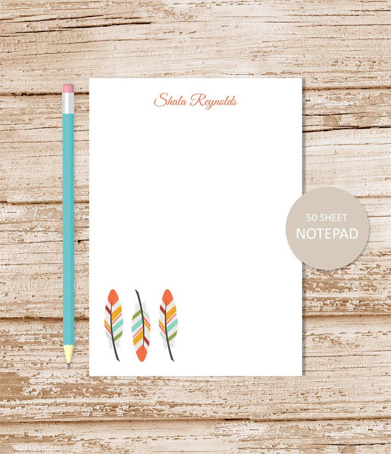 personalized notepad . TRIBAL FEATHERS notepad . feather note pad . personalized stationery stationary image 1