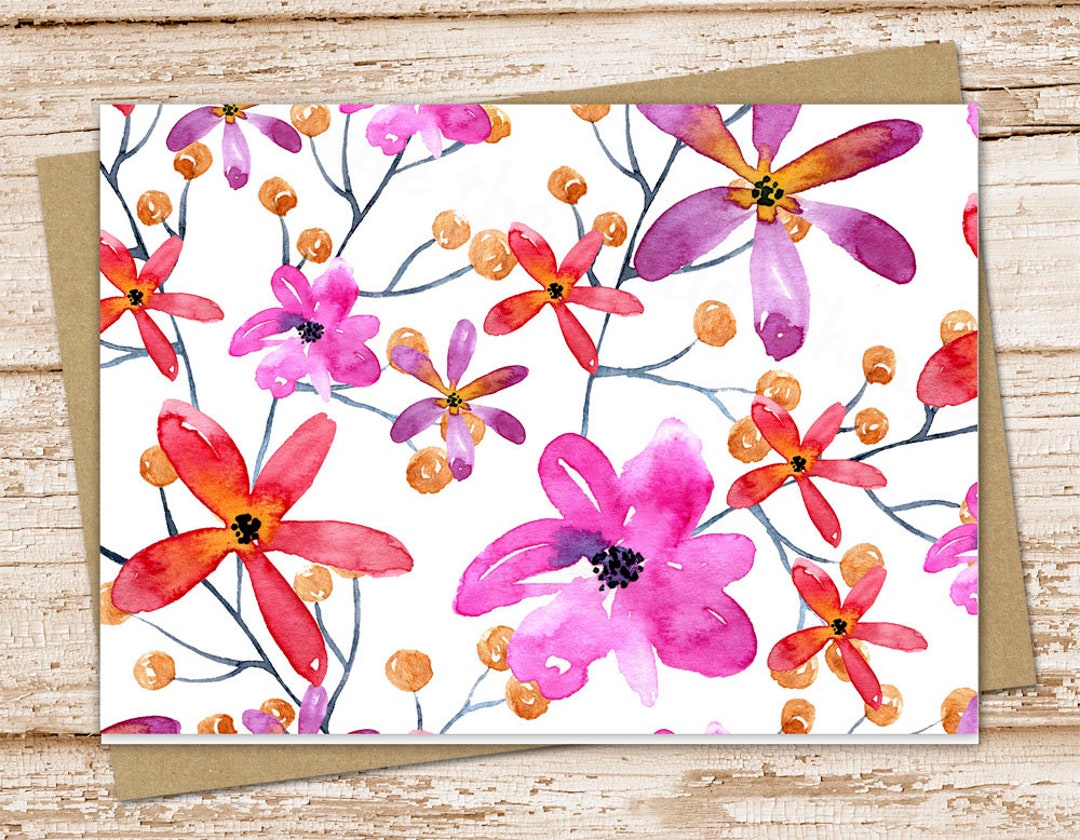 Watercolor Florals Card Set . Note Cards Notecards . Pink, Purple ...