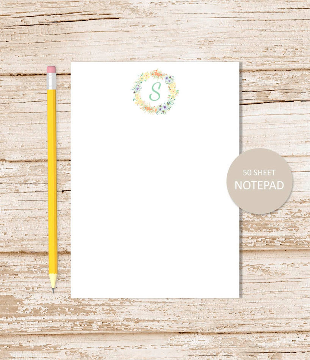 Personalized Notepad . FLORAL WREATH INITIAL . Note Pad . Womens ...