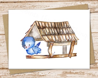 watercolor birdhouse card set . blue bird . note cards . greeting cards . . folded stationery . blank cards . thank you