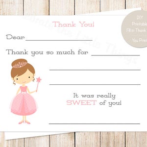 PRINTABLE druckbare Prinzessin Dankeskarten. rosa Prinzessin Geburtstag füllen Sie die Lücke aus danke. brünette prinzessin Sofort Download