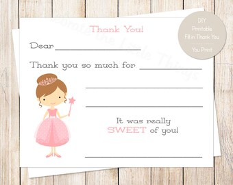 PRINTABLE printable princess thank you cards . pink princess birthday . fill in the blank thank you . brunette princess . Instant Download