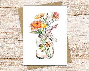 watercolor flowers card set .  mason jar . note cards . notecards . flowers floral botanical . blank cards . folded stationery