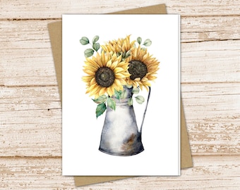 sunflower card set .  watercolor sunflowers note cards . vintage pitcher . floral flower botanical . blank cards . folded stationery
