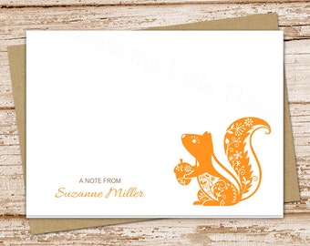 personalized squirrel stationery, notecards . filigree squirrel . folded note cards . woodland acorn  . personalized stationary . set of 10