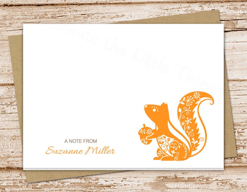 personalized squirrel stationery, notecards . filigree squirrel . folded note cards . woodland acorn . personalized stationary . set of 10 image 1