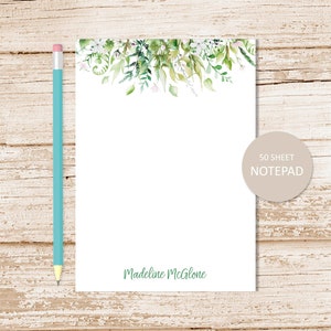 personalized notepad . FLORAL GREENS . note pad . flowers notepad .  leaves, botanical, nature . personalized stationery . stationary gift