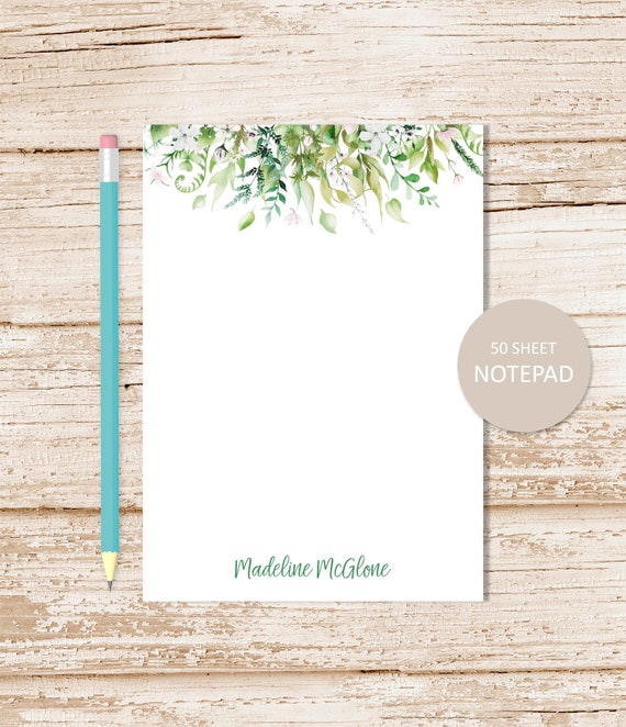 Teacher Gift Personalized Monogram Notepad For Her Green Leaves Personalized Floral Stationary Watercolor Greenery Plants To Do List