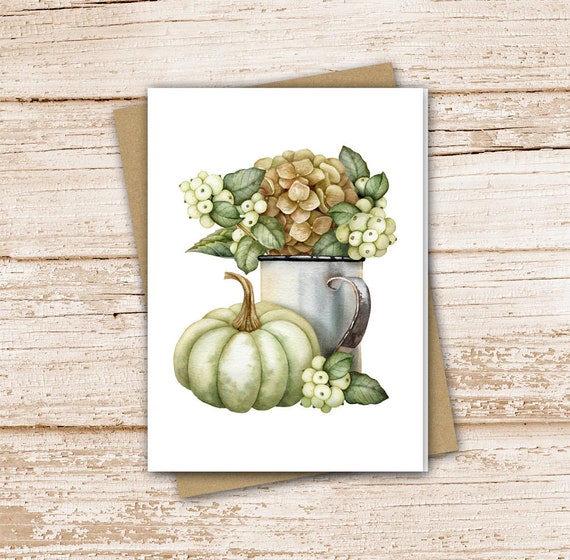 farmhouse pumpkin hydrangea card set . watercolor vintage pitcher . autumn fall . note cards . floral . blank cards . folded stationery Il_570xn