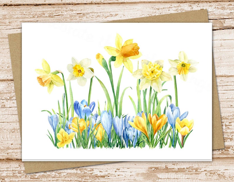 watercolor spring garden card set . daffodil crocus floral cards . Easter . blank cards . note cards, notecards . folded stationery image 1