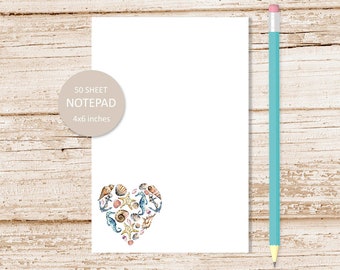 seashell heart notepad . watercolor seashells starfish anchor note pad . summer love . stationery . stationary . summer ocean | 4x6 inches