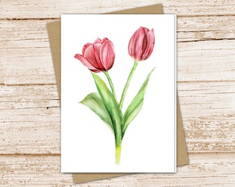 red tulip card set .  watercolor tulip note cards . spring flowers floral botanical nature garden . blank notecards . folded stationery