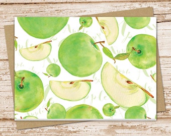 apple note card set . watercolor green apples . fruit notecards . blank note cards . folded stationery . stationary set