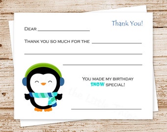 PRINTABLE penguin birthday thank you cards . kids, children . fill in the blank thank you - winter wonderland birthday . You Print