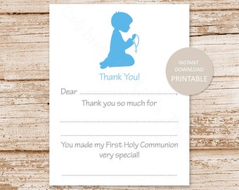 PRINTABLE communion thank you cards for boys . first holy communon fill in the blank . Instant Download YOU PRINT