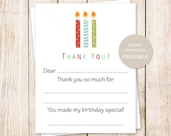 PRINTABLE birthday candles thank you cards . kids birthday fill in the blank . happy birthday notes | INSTANT DOWNLOAD