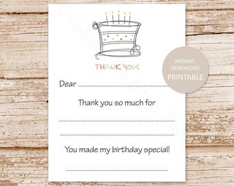 PRINTABLE . birthday cake thank you cards . candles . kids, children . birthday party fill in the blank thank you . INSTANT DOWNLOAD