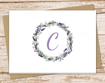 lavender initial note cards . watercolor monogram notecards . lavender wreath . folded personalized stationery . botanical card . set of 10