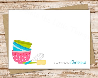 personalized baking note card .baker, chef . folded personalized stationery stationary . bowls whisk spatula . set of 10