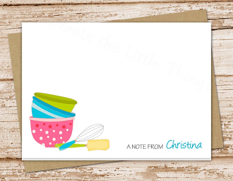 personalized baking note card .baker, chef . folded personalized stationery stationary . bowls whisk spatula . set of 10 image 1