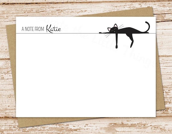 black cat personalized note card set, sleeping cat stationery . notecards . feline, kitten, pet . FLAT stationary . set of 12 Il_570xn