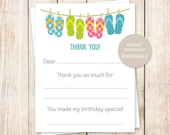 PRINTABLE thank you cards . flip flops . summer, beach, pool party . fill in the blank girls birthday thank you . Instant Download YOU PRINT