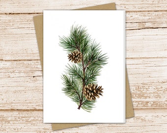 pine branch card set .  watercolor pine cones note cards . evergreen tree, outdoors, nature  blank  cards . folded stationery stationary set