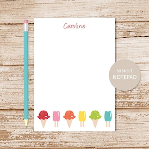 ice cream personalized stationery set . ice cream cone notepad note card set . kids notecards note pad stationary set . girls gift set image 3