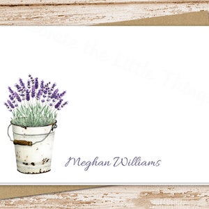 personalized lavender stationery . note cards .  vintage stationery . floral, botanical, tin metal bucket . folded stationary . set of 10