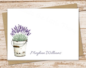 personalized lavender stationery . note cards .  vintage stationery . floral, botanical, tin metal bucket . folded stationary . set of 10