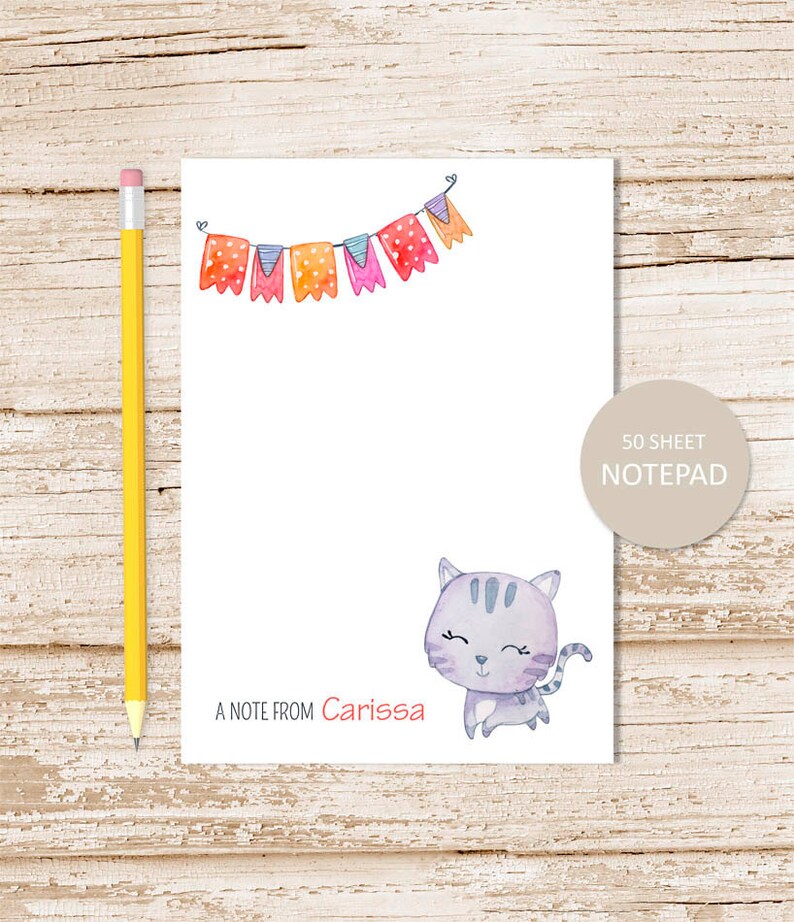 personalized notepad . KITTY CAT . note pad . watercolor . personalized stationery . kids, childrens stationary image 1