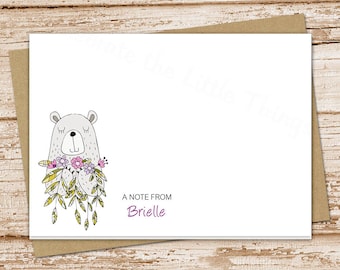 personalized bear note cards . bear with flowers stationery . stationary . folded cards . doodle art . set of 10