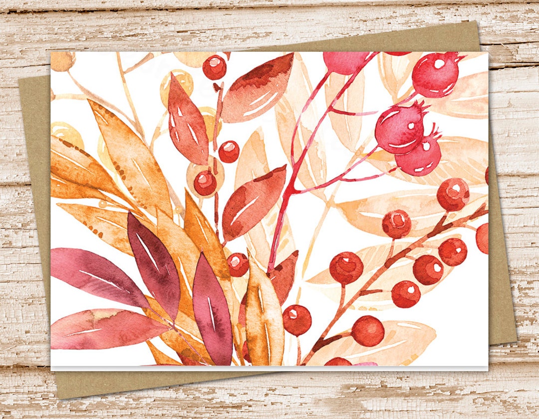 Autumn Berries & Leaves Card Set . Watercolor . Blank Note Cards ...
