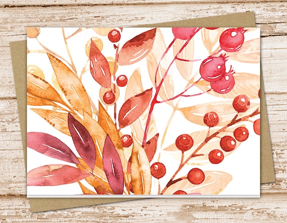 autumn berries & leaves card set . watercolor . blank note cards, notecards . fall . folded stationery stationary Il_570xn