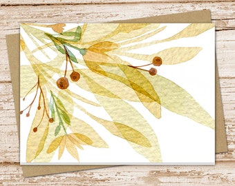 leaves berries card set . watercolor dried leaves . autumn fall . floral note cards, .  nature outdoors . blank cards . folded stationery