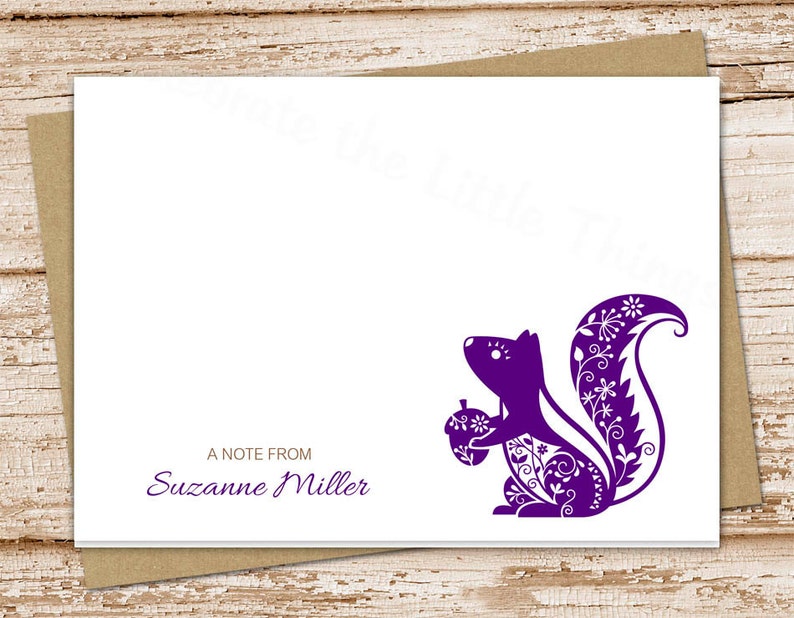 personalized squirrel stationery, notecards . filigree squirrel . folded note cards . woodland acorn . personalized stationary . set of 10 image 2