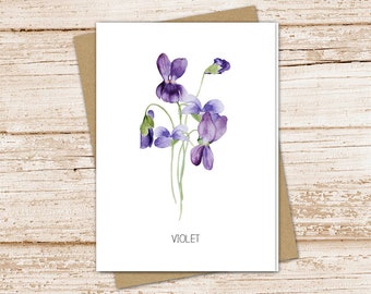 violet card set .  watercolor flower . february birth month floral note cards . botanical nature garden . blank cards, folded stationery