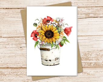 summer floral card set .  watercolor sunflower peony flower mix note cards . botanical, vintage bucket . blank cards . folded stationery