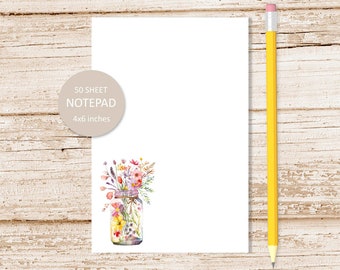 watercolor wildflowers notepad . wild flowers mason jar note pad .  stationery stationary | 4x6 inches