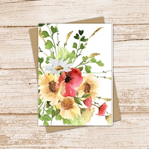 sunflowers and poppy card set .  watercolor country bouquet . farmhouse . daisy flowers note cards, blank cards . folded stationery