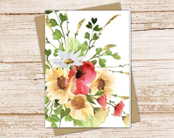 sunflowers and poppy card set .  watercolor country bouquet . farmhouse . daisy flowers note cards, blank cards . folded stationery