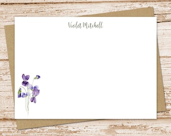 personalized note card set, watercolor violet flowers stationery . notecards, FLAT stationary . set of 12